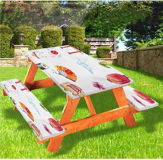 Amazon Com Japanese Picnic Table And Bench Fitted Tablecloth Cover Hdrawn Traditional Elements Watercolors Torii Gate Origami Bird Flag Lacky Cat 72 Elastic Edge Fitted Tablecloth Set For Outdoor Park Patio Mu Home Kitchen