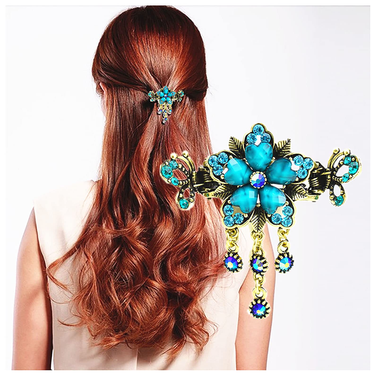 Flower Butterfly Hair Barrettes Vintage French Rhinestone Hair Clasps Claws Floral Hair Clips Accessories for Women Girls Teens (Blue C)
