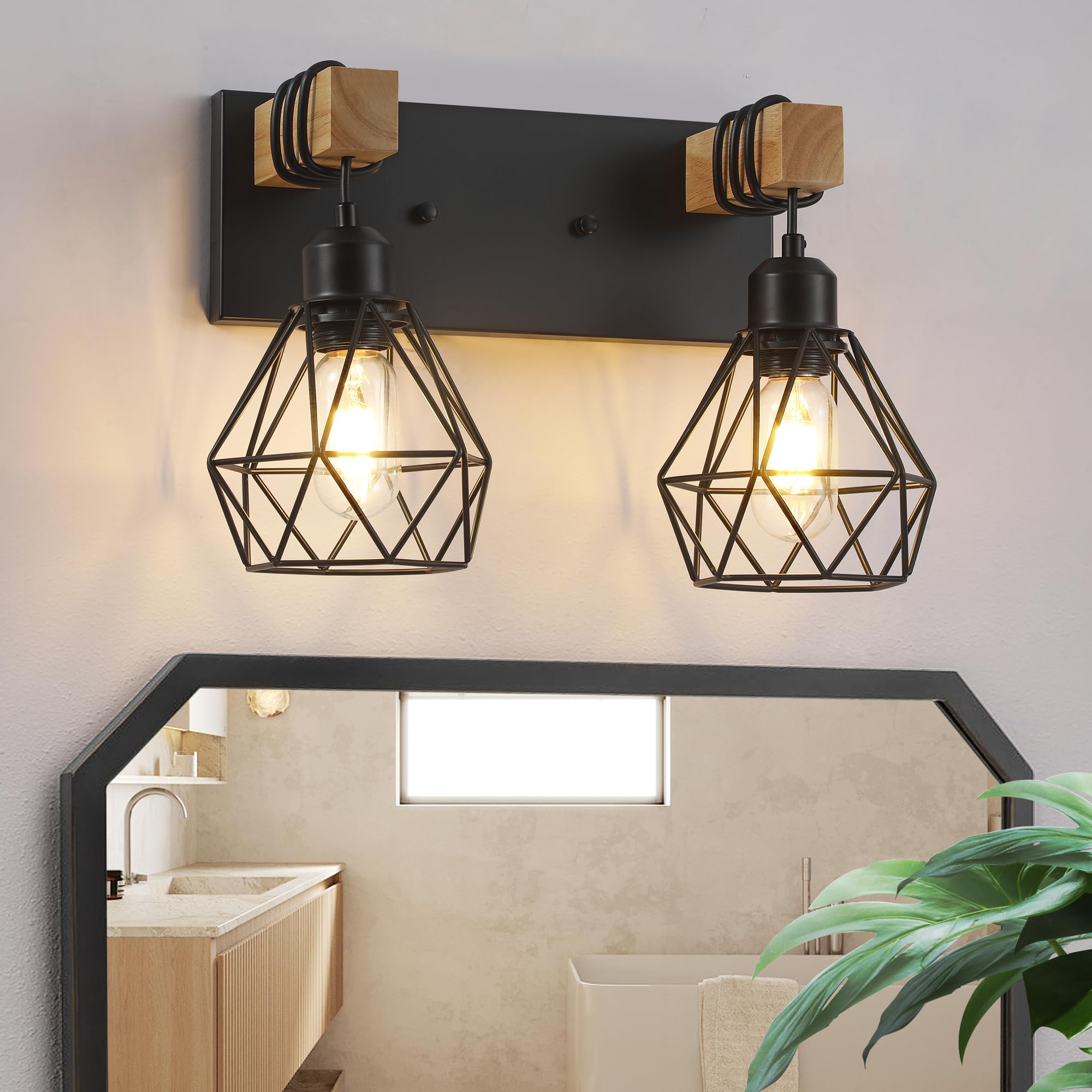 Photo 1 of Farmhouse Bathroom Vanity Light Fixtures, 3-Light Wood Bathroom Light Fixtures Over Mirror, Rustic Sconces Wall Lighting with Elegant Metal Lampshade for Living Room, Bedroom, Hallway