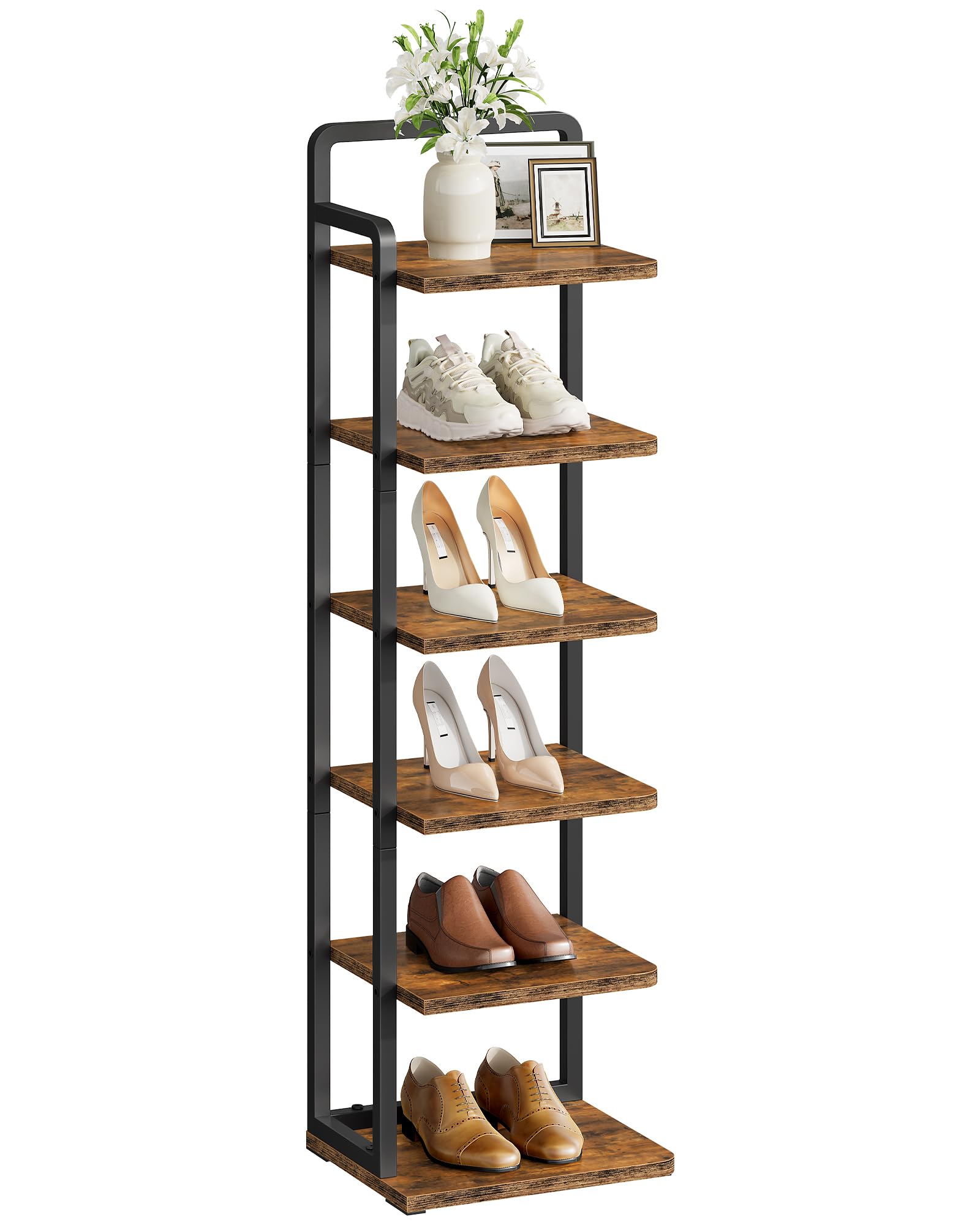 Photo 1 of CHOEZON 6-Tier Vertical Shoe Rack, Narrow Shoe Tower, Corner Shoe Storage Organizer, Shoe Shelf, for Small Spaces, Industrial Style, for Entryway, Hallway, Living Room, Rustic Brown and Black TXJ06BF