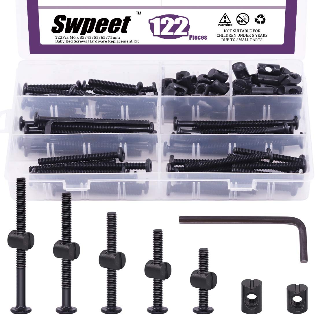 Swpeet 120Pcs Black M6 Hex Socket Cap Furniture Barrel Screws & Nuts Kit with Allen Wrench for Furniture, Cots
