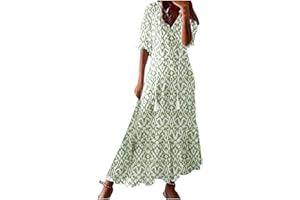 PEJOCK Bohemian Dress for Women 3/4 Sleeve Casual Maxi Dress Floral V-Neck Puff Sleeve Beach Tiered Sundress Long Swing Dress