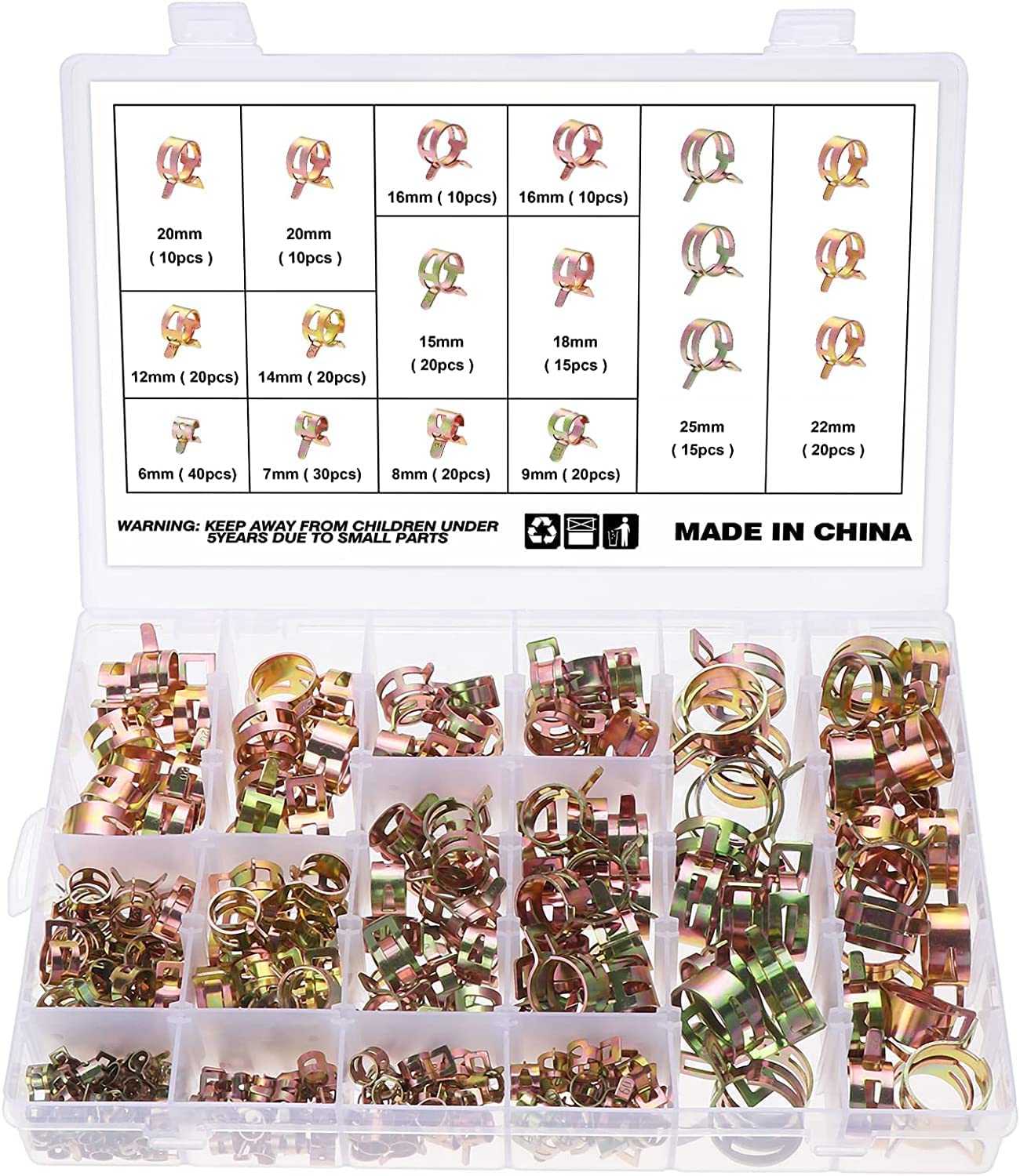 Faankiton 260PCS Fuel Line Hose Clips Water Pipe Air Tube Silicone Vacuum Hose Clamp Fastener Assortment Kit, Fuel Line Clamps, Spring Hose Clamps, 12 Sizes 6-25mm