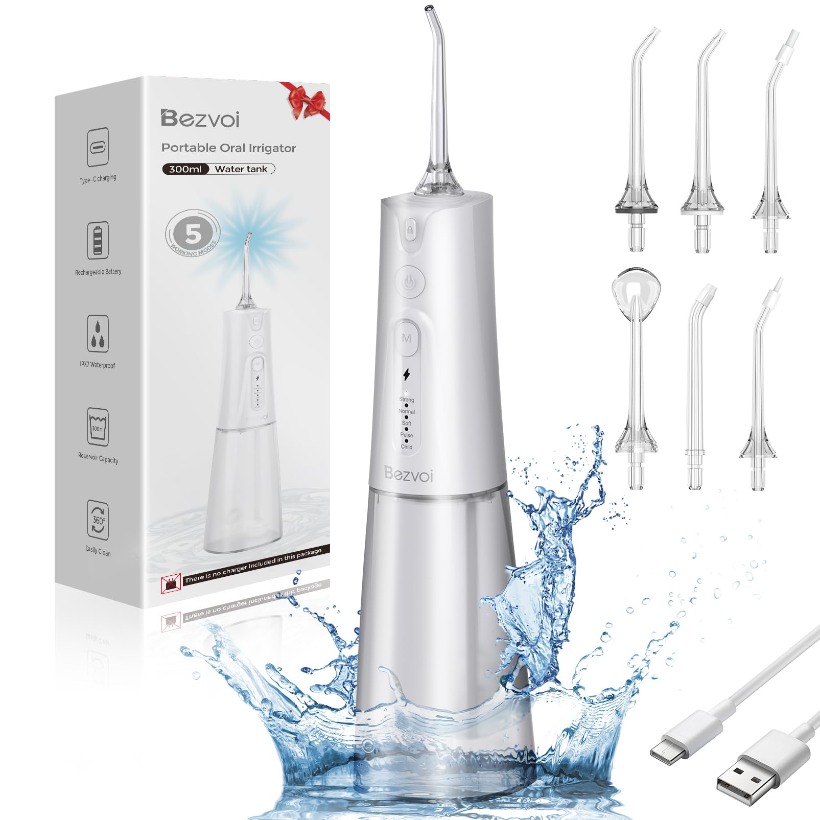 Bezvoi Water Flosser for Teeth Cordless: Oral Irrigator with 5 Modes, 300ML Water Tank IPX7 Waterproof Electric Tooth Cleaner, Water Floss with 6 Tips for Dental Care Cleaning, Ivory
