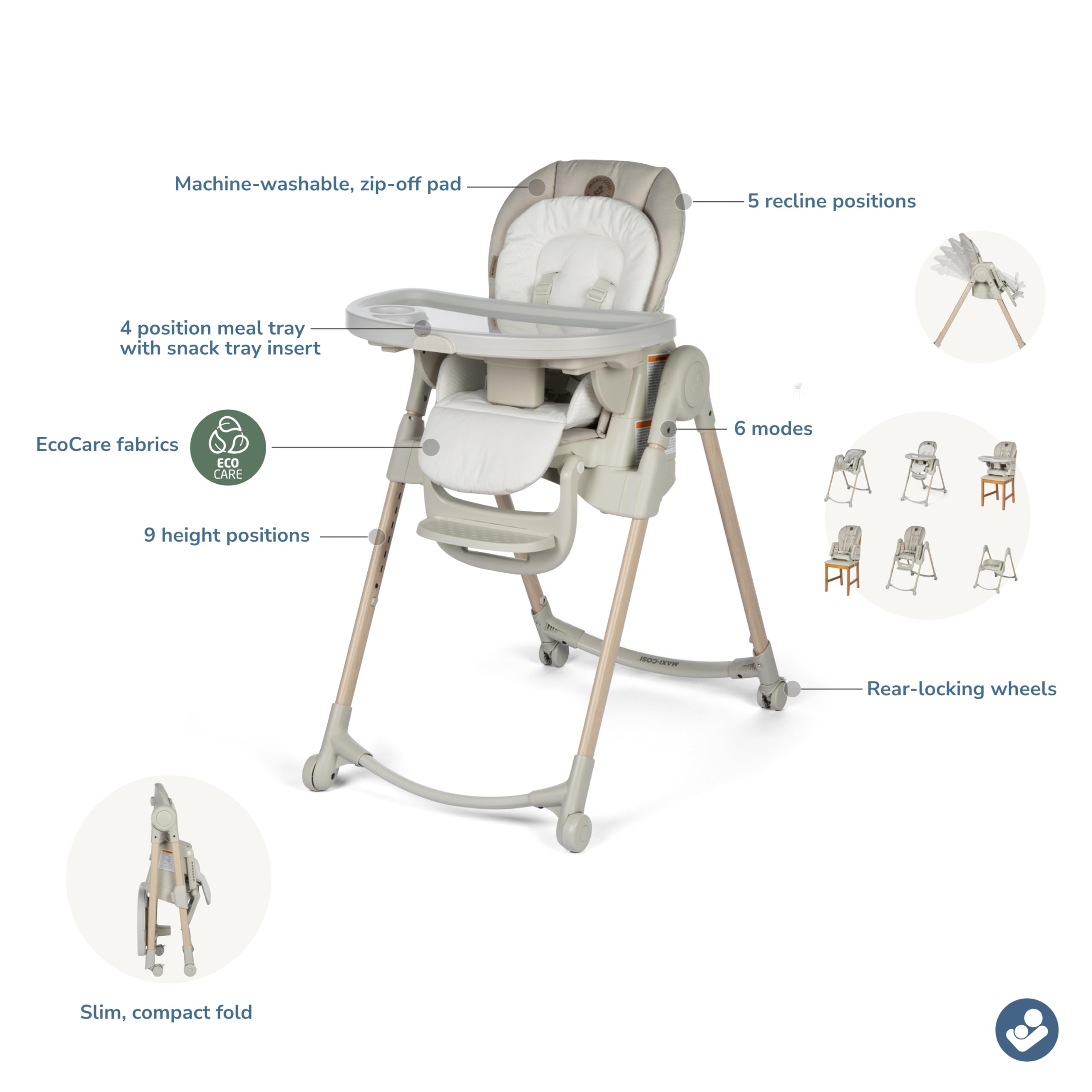 Maxi-Cosi Minla 6-in-1 High Chair for Babies & Toddlers, Portable Foldable Highchair, EcoCare Fabric, 9 Heights, 5 Reclines, 4 Tray Positions, Classic Oat