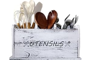 ST-BEST-P Utensil Holder Rustic Wood White Large Farmhouse Spatula Organizer for Kitchen counter Farmhouse,Countertop,Cooking Tools Storage (White)