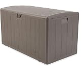 Plastic Development Group Outdoor Deck Box, Soft Close, Driftwood, 130 Gal | Double Wall Resin Build, Molded Hinge with Lid Retainer Straps, Side Carry Handles, Lockable, Works as Patio Seating