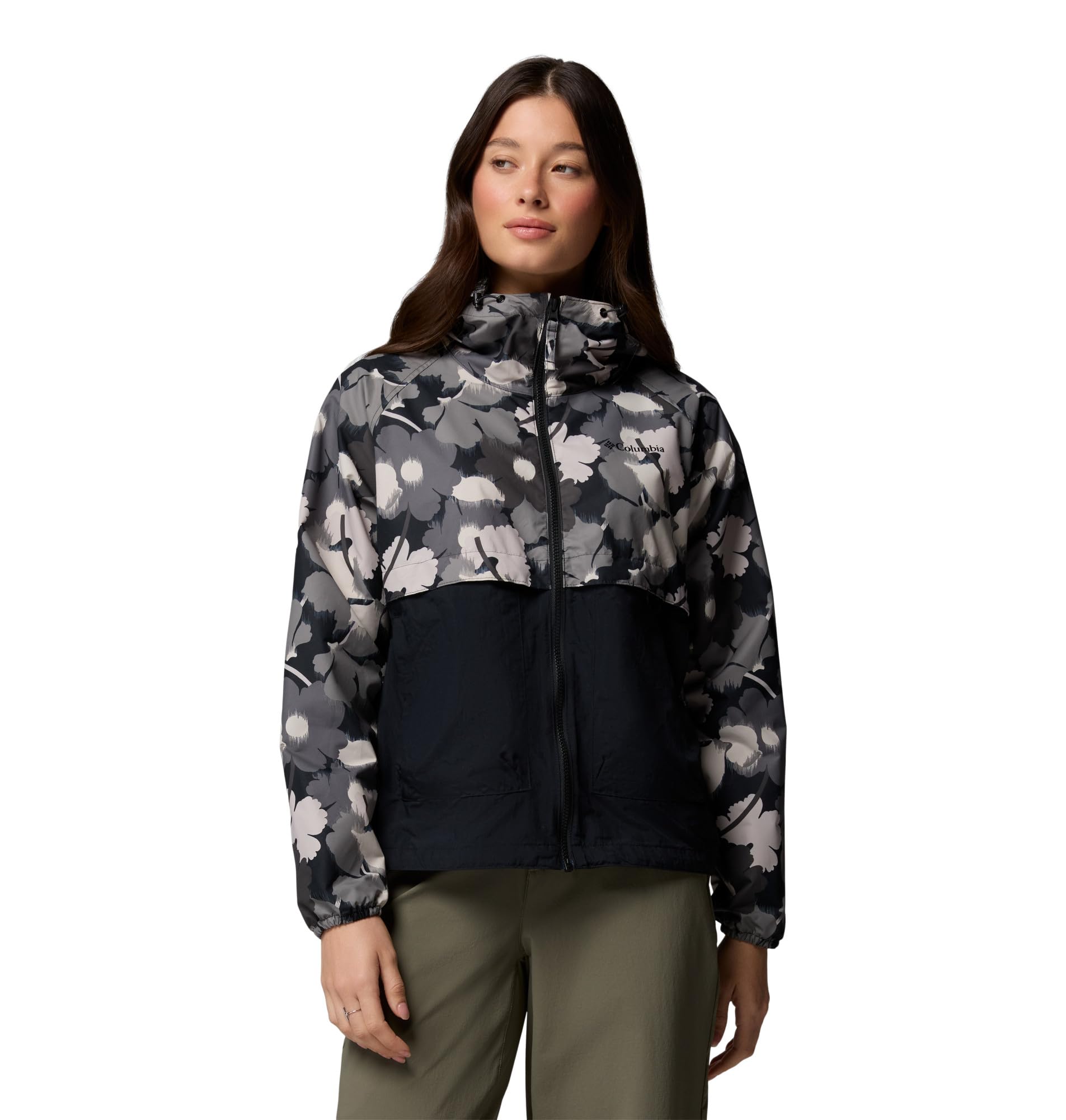 Columbia Women’s Spire Valley Printed Windbreaker, Black Ikatbloom Print/Black, Small