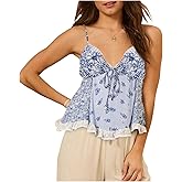 Women Ruffled Cami Tops Y2k V Neck Spaghetti Strap Ruffle Babydoll Cami Tops Summer Ruched Sleeveless Camisole