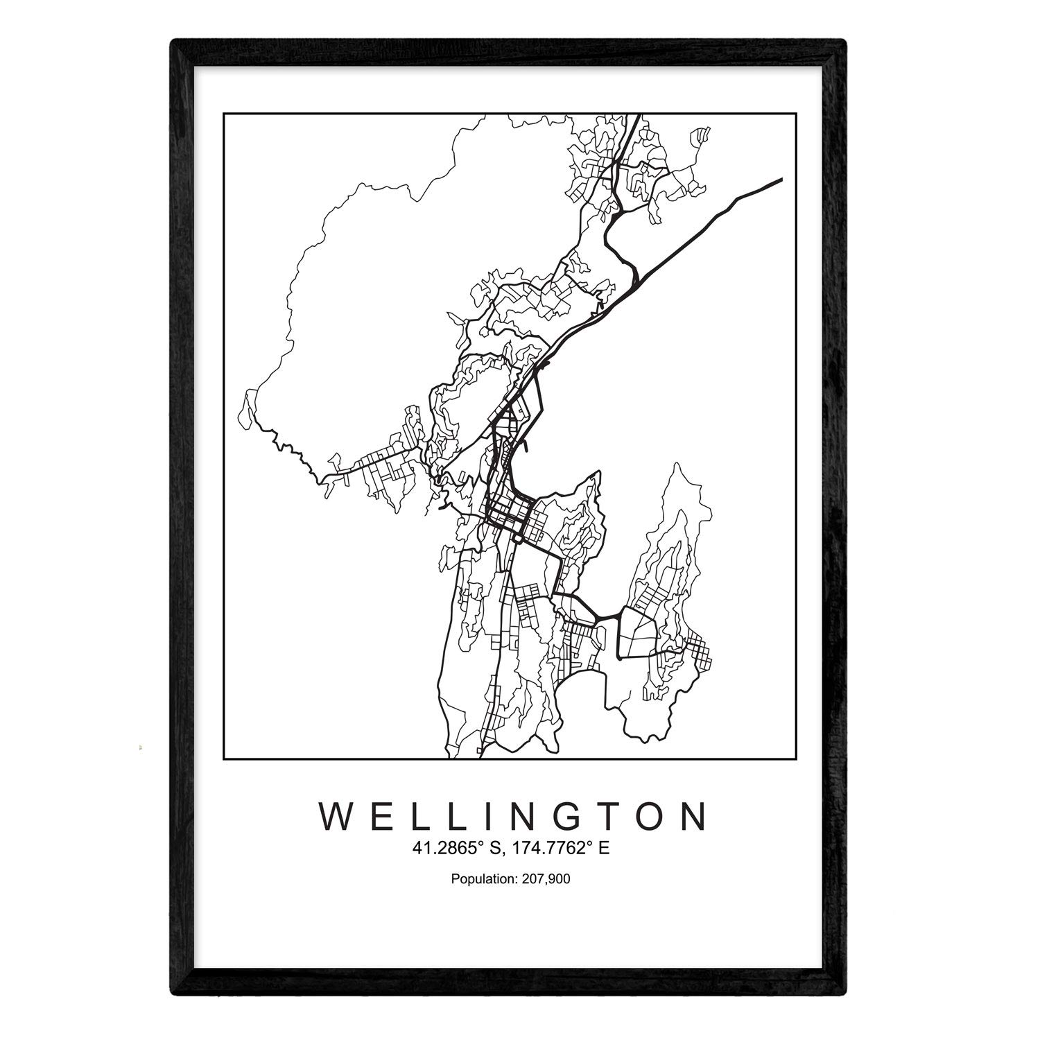 Nacnic Print city map Wellington Scandinavian style in black and white. Poster frame A4 Printed paper No 250 gr. Paintings, prints and posters for living room and bedroom