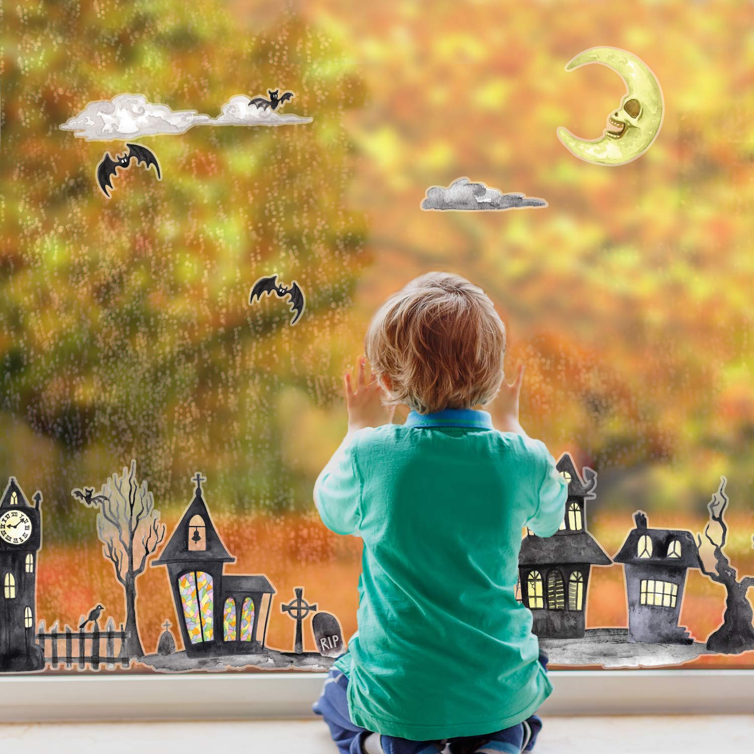 Stickerscape Halloween Window Stickers (Night time Haunted Village - Regular Size) | Halloween Window Decorations | Reusable and Cleanly Removable | Made in The UK