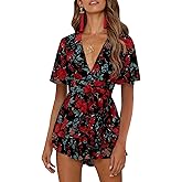AIMCOO Women's Floral Print Deep V-Neck Romper Double Layer Ruffle Hem Jumpsuits Short Flare Sleeves Waist Tie Short Rompers