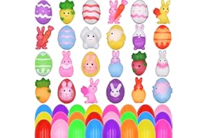 Howzcci 24 Pack Easter Mochi Squishy Toys Squishies Easter Toys with 24 PCS Plastic Easter Eggs for Kids Girls Boys Party Favors Easter Basket Stuffers Party Favors Candy Bags Gifts