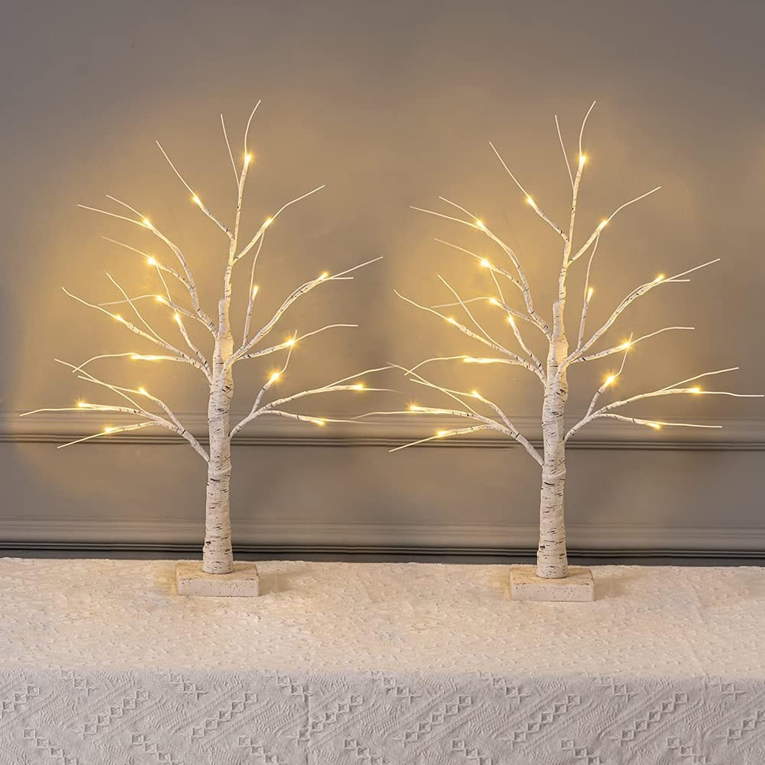 Trees - MEETYAMOR 2 Pack 24” 2FT Lighted Birch Tree with 18LT Warm White LEDs, Christmas Decorations Indoor Battery Powered Timer, Artificial Branch Trees for Money Tree Party Wedding Table Mantel Home Decor