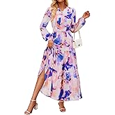 ZESICA Spring Dresses for Women 2026 Long Sleeve Boho Floral V Neck Empire Waist A Line Casual Flowy Wedding Guest Maxi Dress
