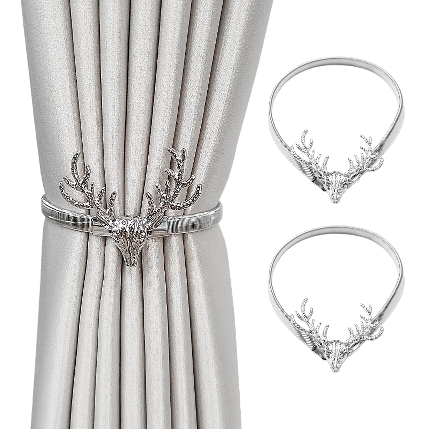 2 Pieces Curtain Straps, Deer Head Decorative Curtain Buckles, Metal Curtain Ties, Silver Curtain Decoration, Curtain Buckle Straps, Curtain Retainers