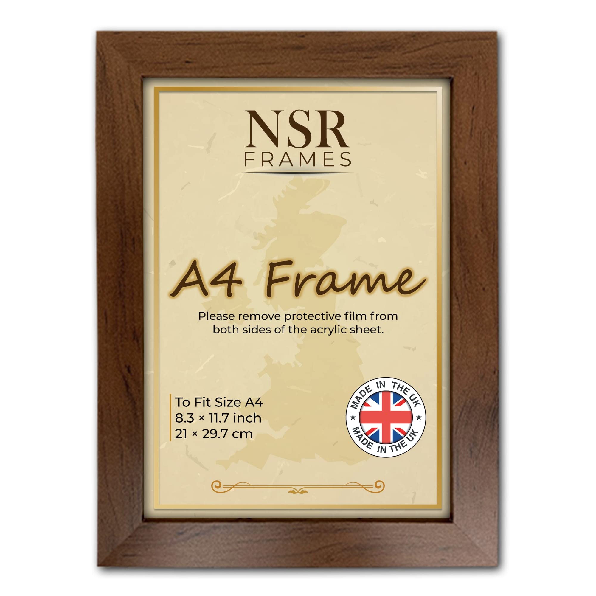 8.3 x 11.7 Inch A4 Walnut Picture Photo Frame (21x29.7 cm) - Flat Wall Mount Hang Hooks & Free Tabletop Stand Poster MDF Wooden Portrait/Panoramic Clear Acrylic Display