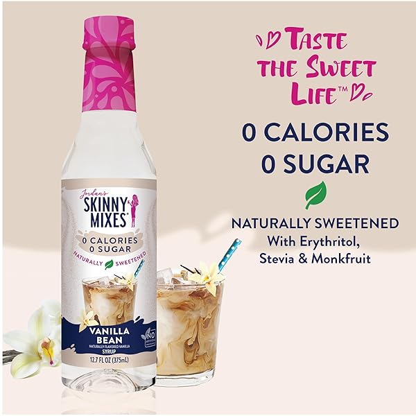 JORDAN’S SKINNY MIXES SYRUPS SUGAR FREE SYRUP, VANILLA BEAN SYRUP, 12.7 OZ, ZERO SUGAR AND ZERO CALORIE FLAVORING FOR COFFEE, PROTEIN SHAKE, COCKTAIL OR MOCKTAIL DRINKS AND MORE, NATURALLY SWEETENED LINE