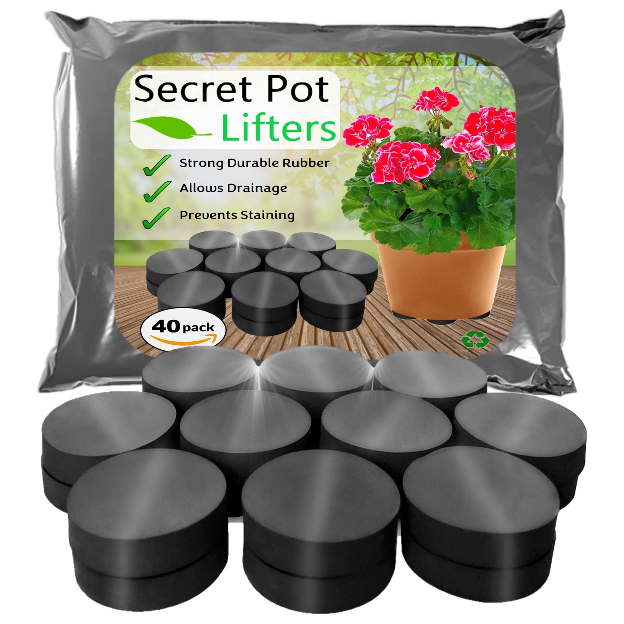 Raiseit Plant Pot Feet 40 PACK - Super Strong - Outdoor Rubber Flower Pot Risers for your Garden, Invisible Lifting of Planters - Hard Wearing - Non-Slip - UK Made