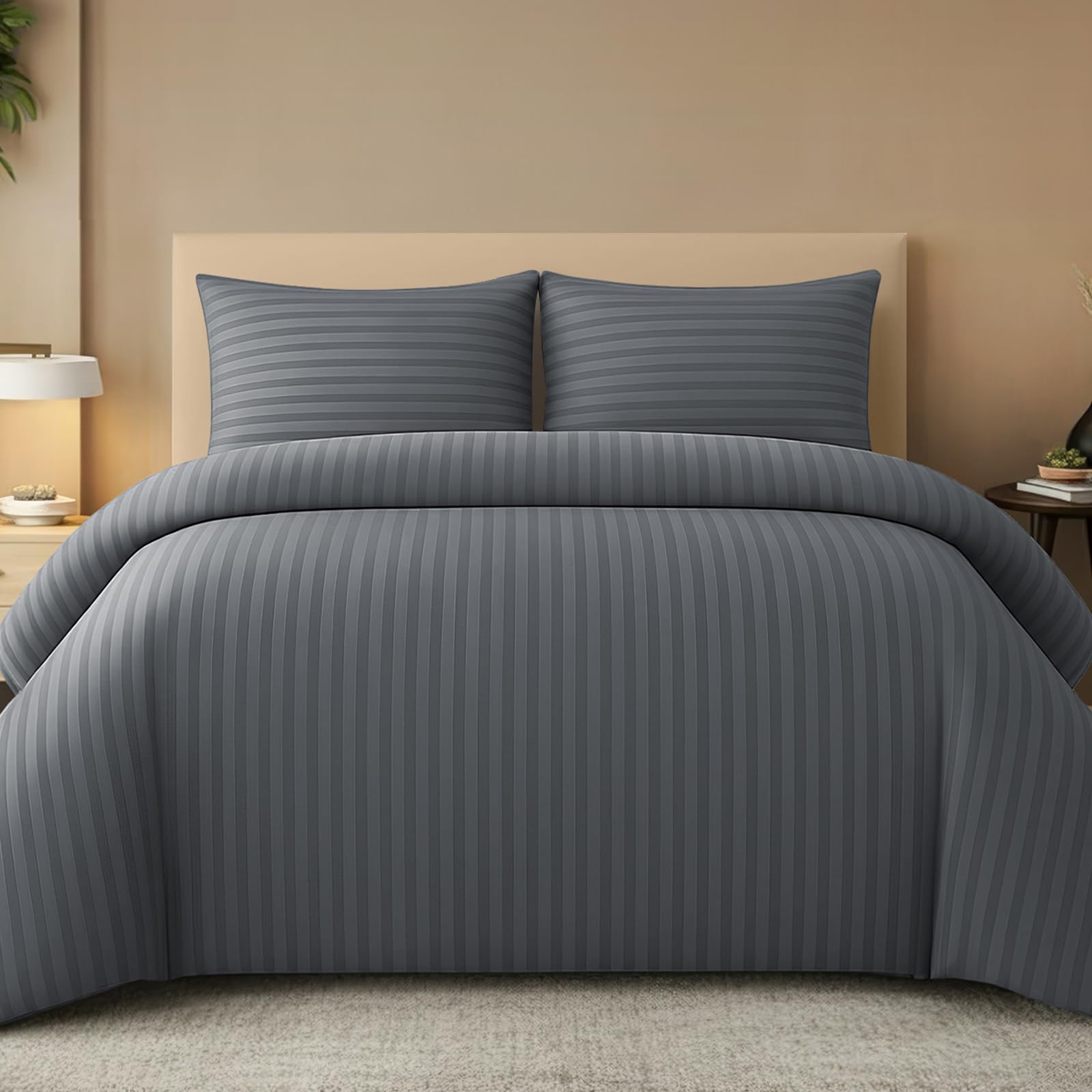 Pamposh Satin Stripe Double Duvet Set - Premium Hotel Quality Quilt Cover Bedding Sets - Hypoallergenic Ultra Soft Microfiber Bed Linen