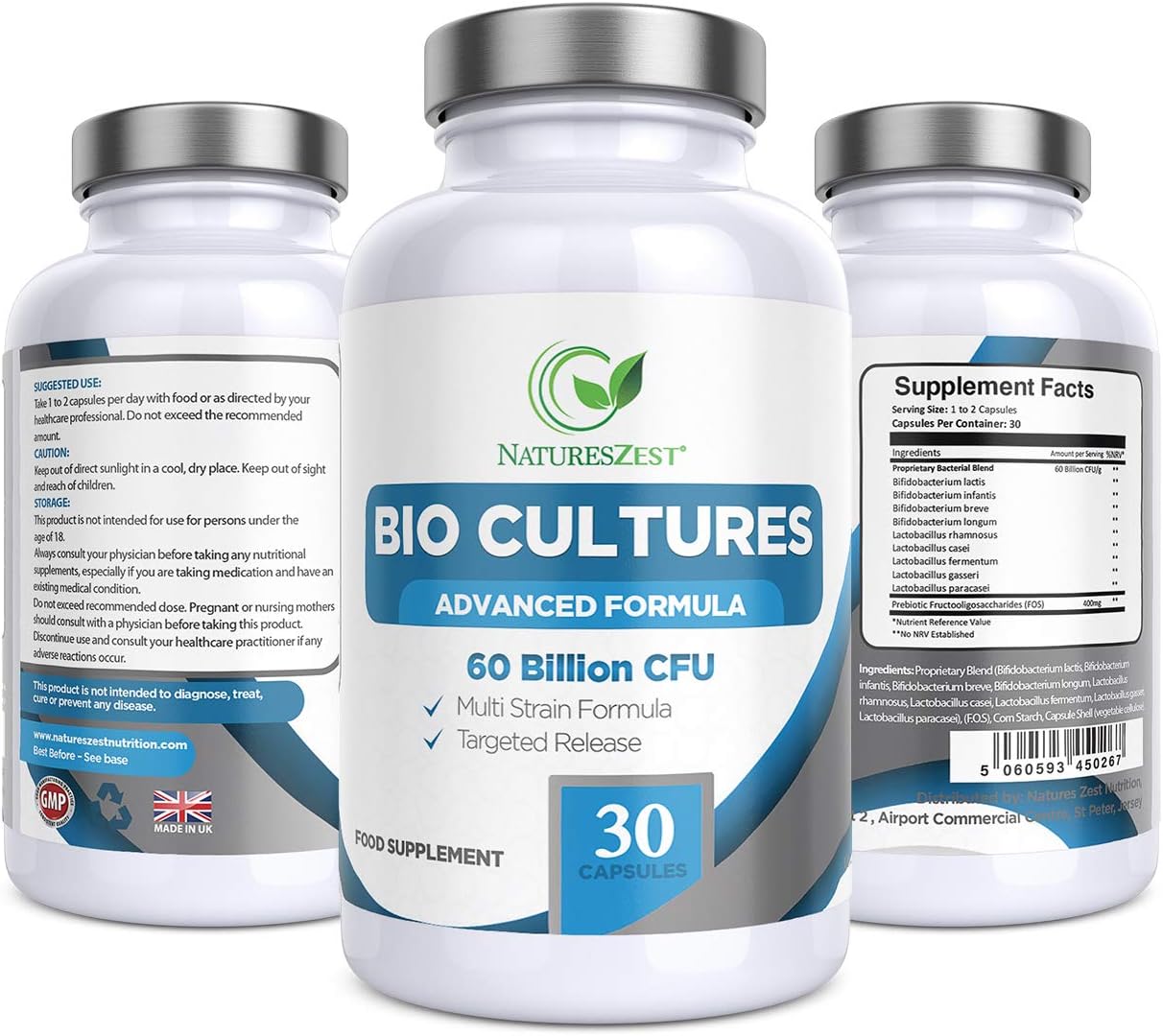 60 Billion CFU Bio Cultures Probiotics with Prebiotics 30 Capsules Multi Strain Advanced Formula for Men and Women by Natures Zest