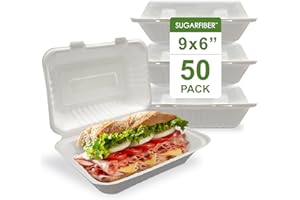 HARVEST PACK GOURMET SHOWCASE [50 COUNT]Harvest Pack 9 X 6" White Compostable Clamshell Food Containers, To go food container, Heavy-Duty Hinged Container, Disposable Bagasse Eco-Friendly Natural Sugarcane Takeout to go Box