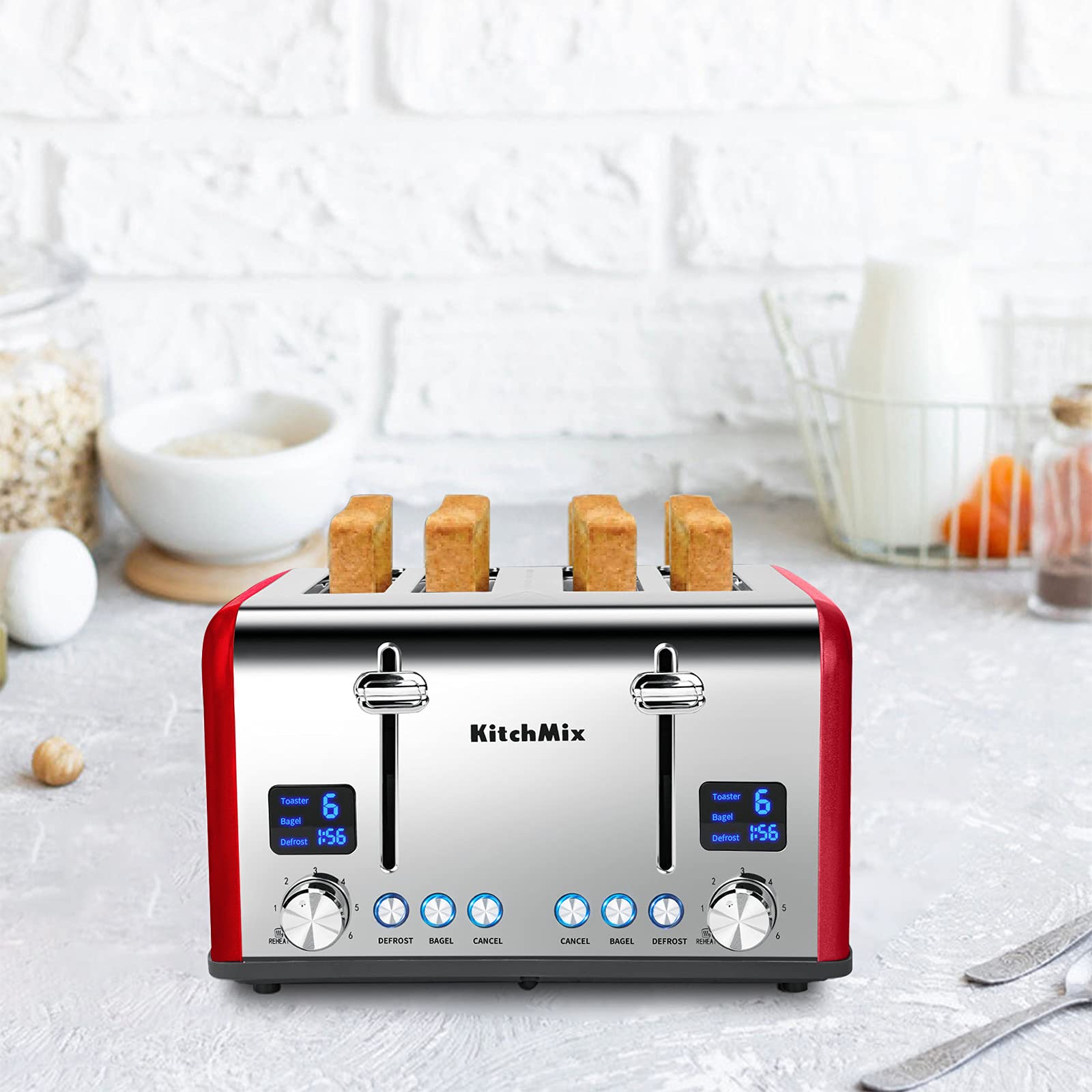 Tostadora de 4 rebanadas, Tostadora KitchMix Bagel de acero inoxidable con temporizador LCD, ranuras extra anchas, pantalla doble, bandeja para migas extraíble (rojo)