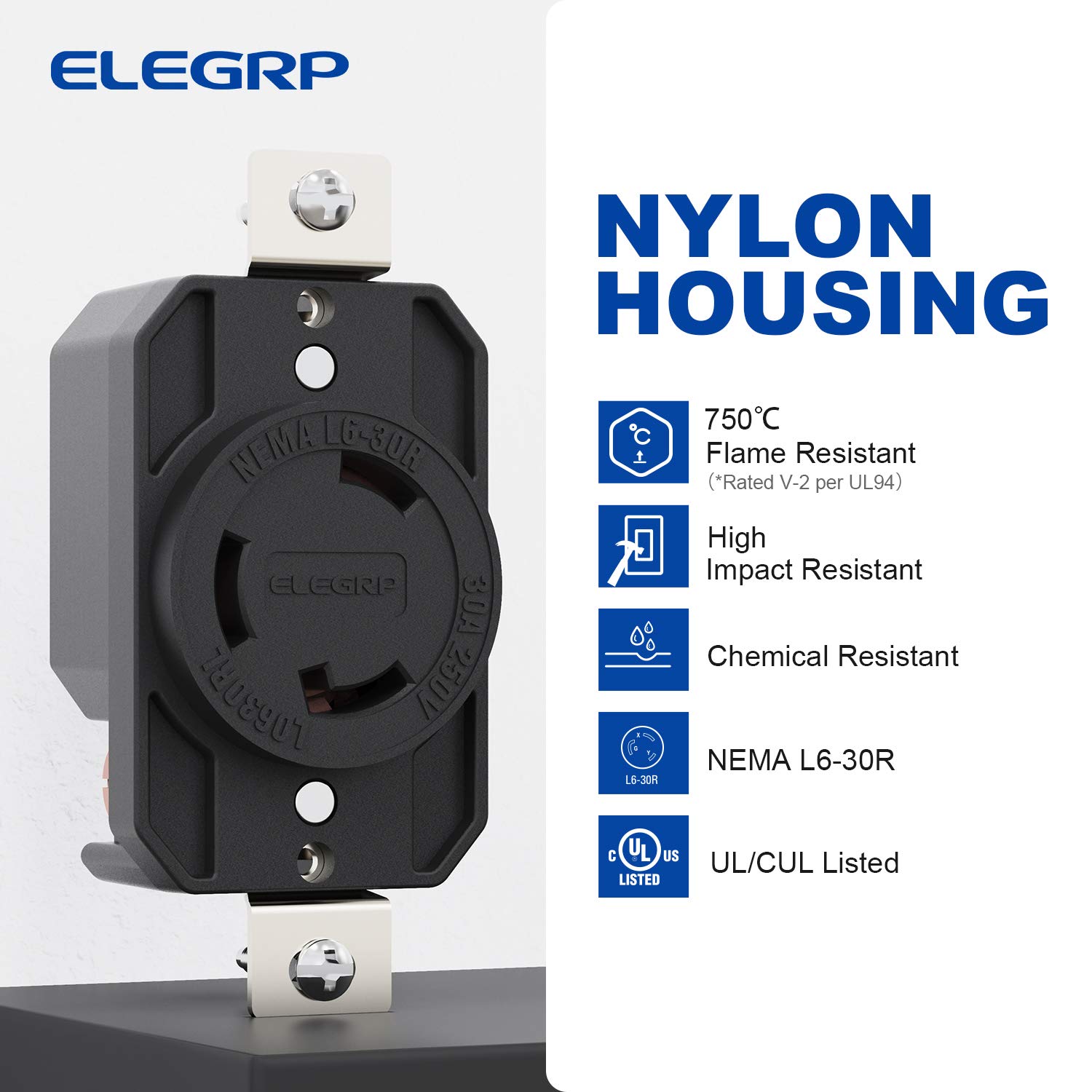 ELEGRP NEMA L6-30R Flush Mounting Locking Receptacle, Twist Lock Socket/Outlet for Generator, 30 Amp 250V 2 Pole 3 Wire Grounding, Industrial Grade Heavy Duty, UL Listed (1 Pack, Black)