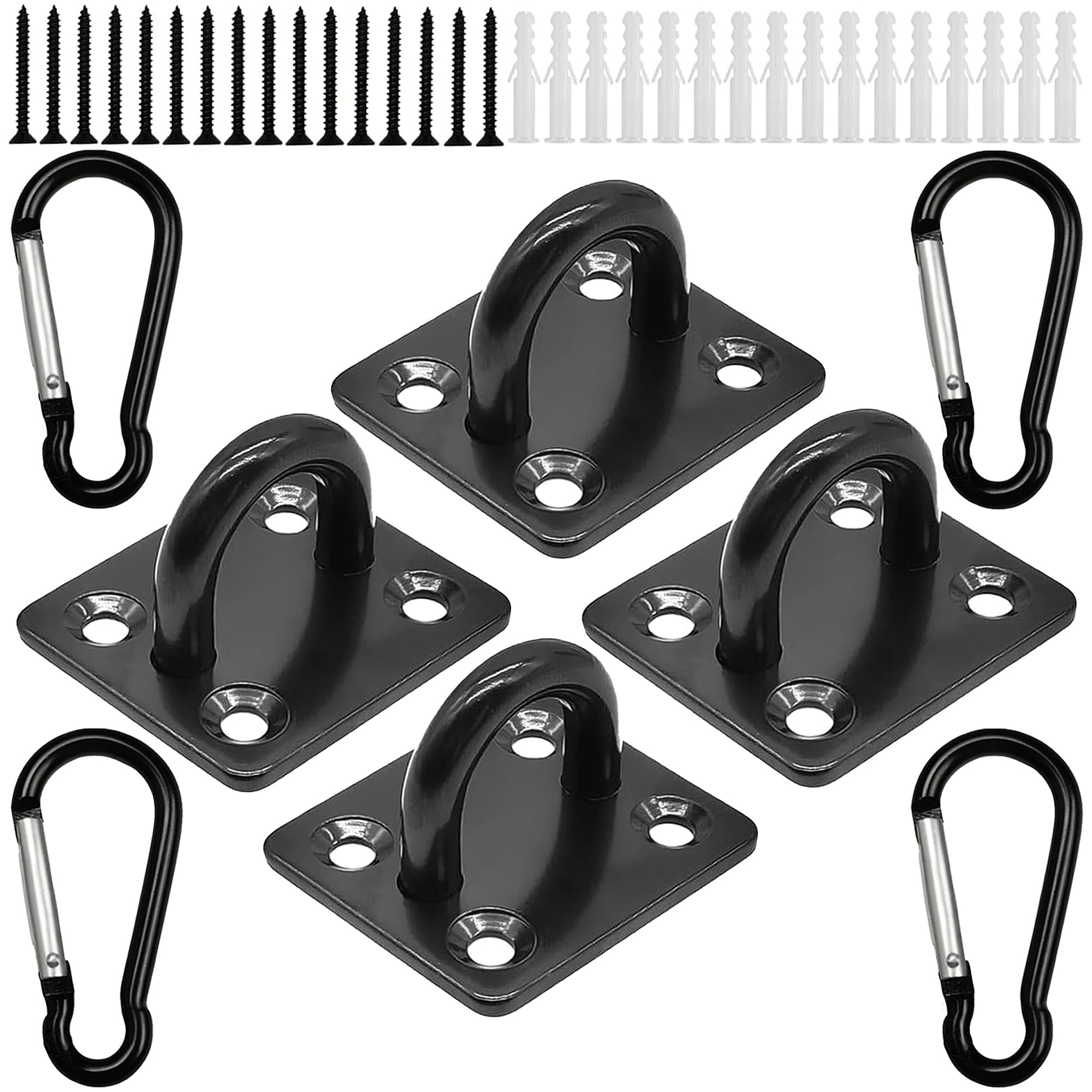 ANBOO Stainless Steel Eye Plate with Eyelet, Eye Plate, Black Eye Plate, Wall Eyelet, Mounting Hook with 4 Stainless Steel Carabiners, 16 Screws and Plastic Plugs for Wall Mounting