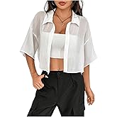 SHENHE Women's Sheer Button Up Blouse Half Sleeve Cropped Loose Button Down Shirt Top