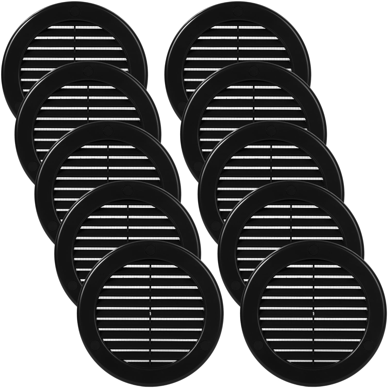 Photo 1 of Vent Systems 4'' Inch (Opening Dimensions) Pack of 10 Black Soffit Vent Cover - Plastic Round Air Vent Grille - Built-in Insect Screen - HVAC for Bathroom, Home, Kitchen 5.2" Inch (Outer Dimensions)