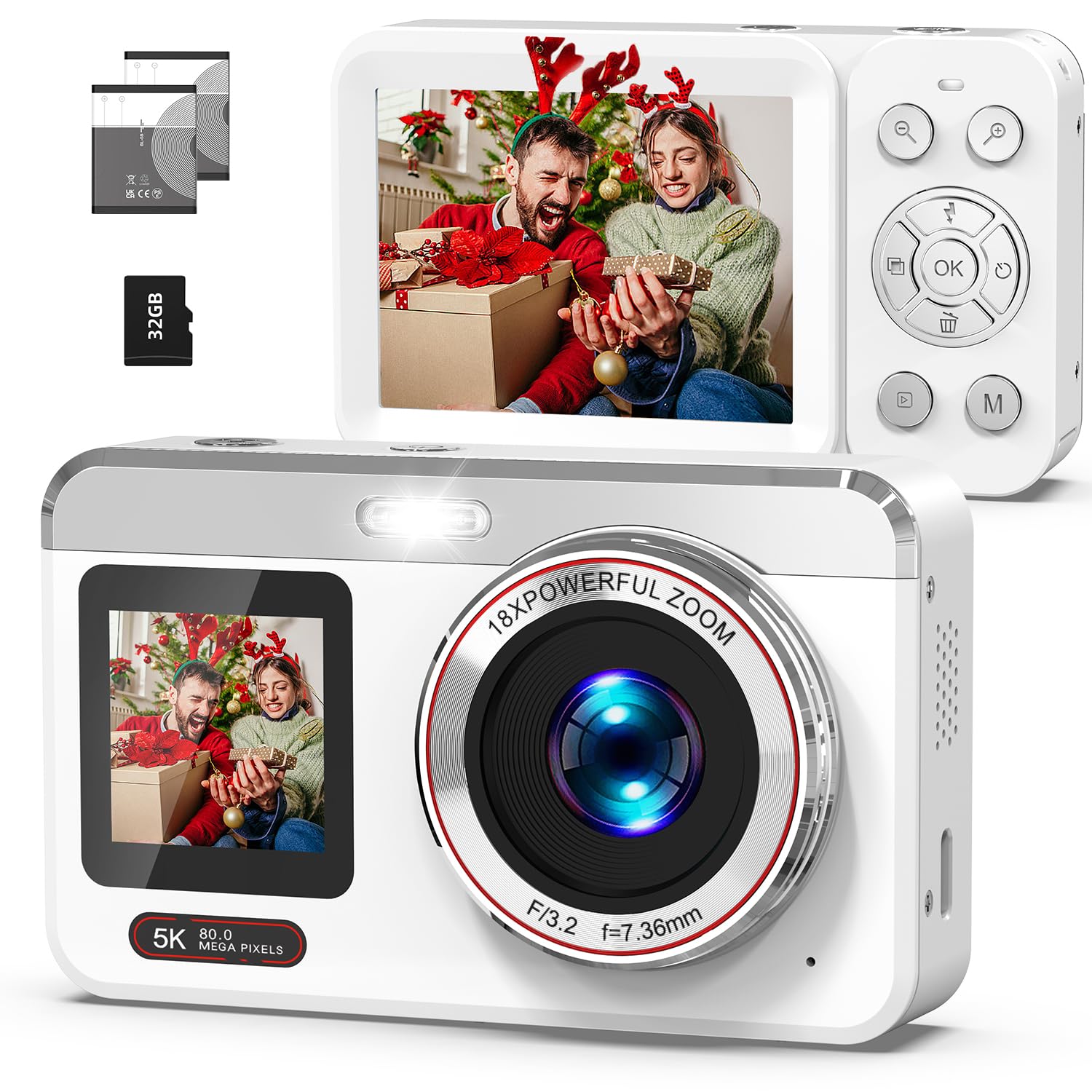 Photo 1 of ***FACTORY SEALED***Hoorola 5K Digital Camera, 80MP Dual Screen Autofocus Vlogging Camera, 18X Zoom Point and Shoot Camera for Photography, Flash, 32GB Card, 2 Batteries, Compact Camera for Teens Adults (White)