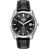 Citizen Men's Classic Eco-Drive Leather Strap Watch, Date, Luminous Hands and Markers, Black Dial, Black Strap/Stainless Steel