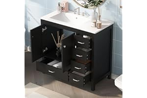 Harper & Bright Designs 36" Bathroom Vanity with Sink, Free Standing Single Basin Vanity Set with Two Doors and 5 Drawers, Solid Wood Bathroom Cabinet with Ceramic Basin for Bathroom, Black