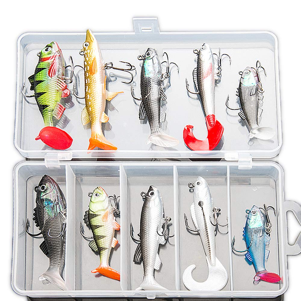 DONQL Soft Fishing Lures Kit, Fishing Lures Baits Tackle Set for Freshwater Trout Bass Salmon-Include Vivid Spinner Baits, Artificial Silicone Bass Baits With Box (10PCS)
