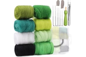 Zlulary 8 Colors Needle Felting Wool, Needle Felting Supplies, Wool Roving with Storage Box, Felting Needle Kit for Beginners (Green)