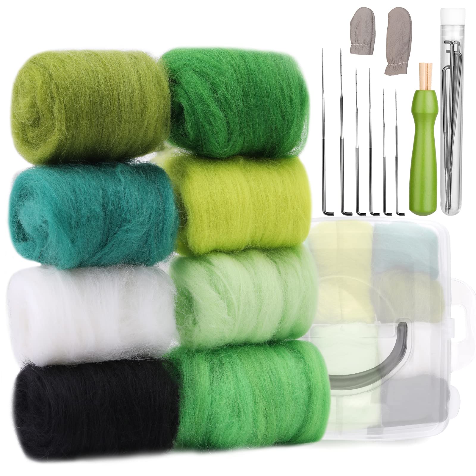 Zlulary 8 Colors Needle Felting Wool, Needle Felting Supplies, Wool Roving with Storage Box, Felting Needle Kit for Beginners (Green)