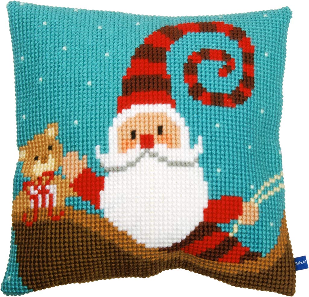 Vervaco Cross Stitch Cushion Happy Santa, Cotton Blend, Assorted, 43.5 x 23.5 x 30 cm
