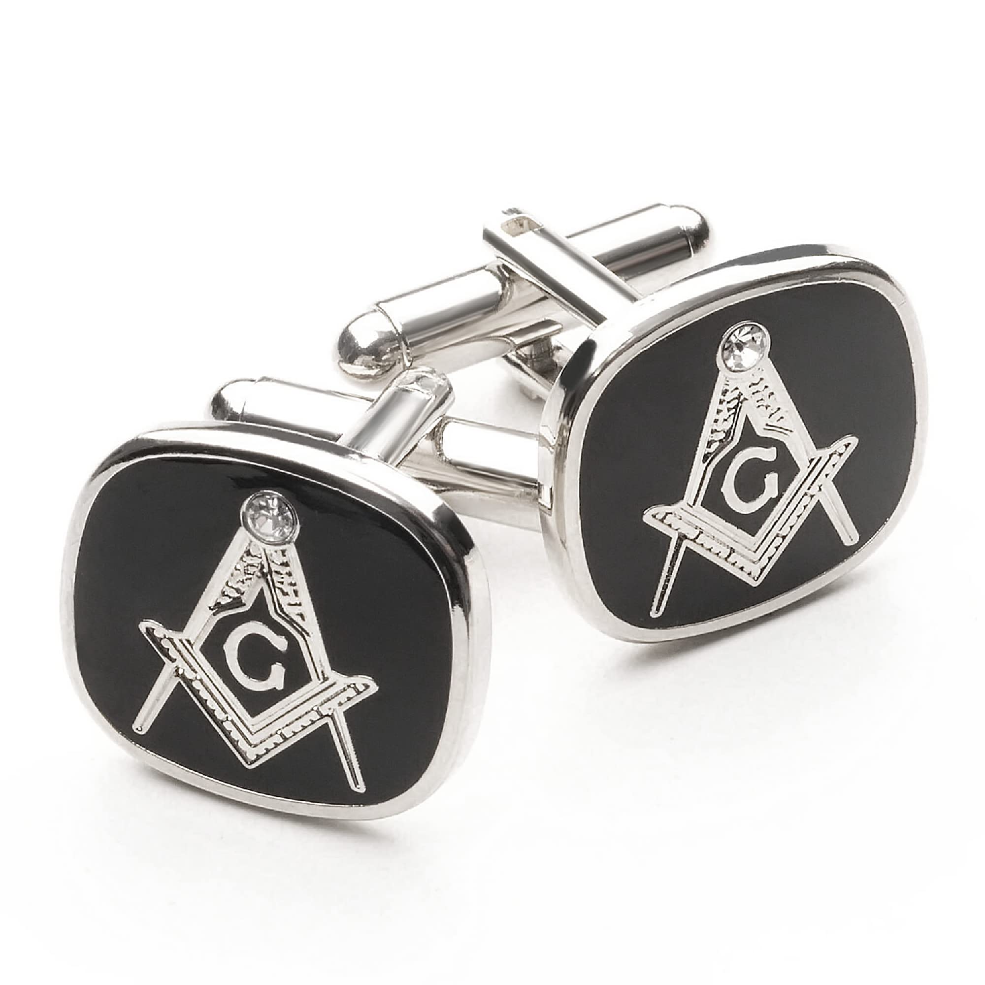 THE MASONIC COLLECTION - Square and Compass With G Cufflinks for Men - Black and Silver Plated - Only 2mm Thick - Comes in Cufflink Box/Velvet Pouch - Freemason Gifts for Men