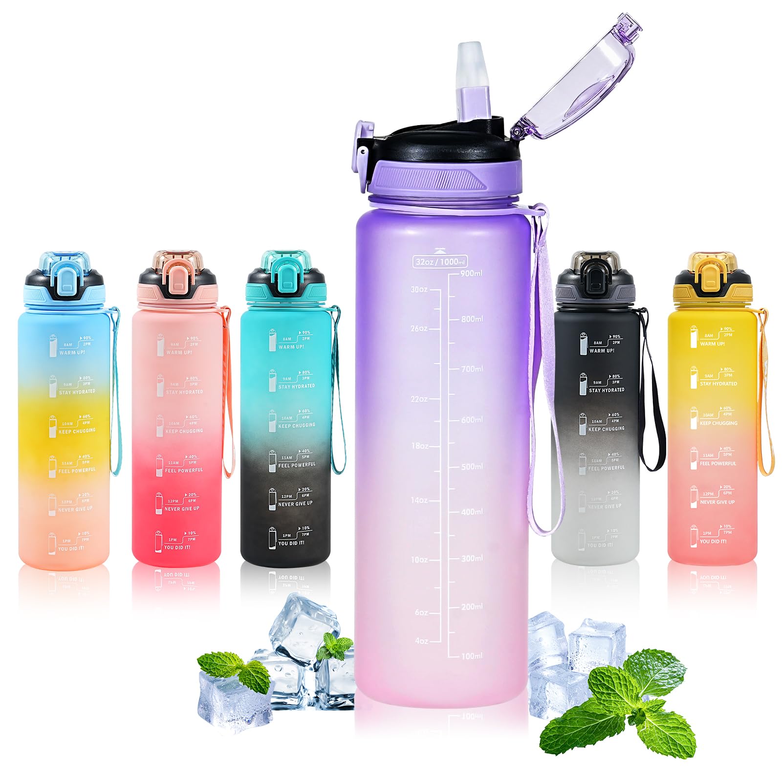 SEASEVEN Water Bottle with Straw 1L,Boys Water Bottles with Straw 1 Litre,Waterbottle Leak-Proof Sports Water Bottle,Plastic Drinks Bottles Toxin Free，Bpa-Free (Gradient Purple)