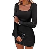 ANRABESS Womens Long Sleeve Bodycon Mini Dress 2026 Fall Ruched Square Neck Slim Fit Rib Knit Club Short Cocktail Dresses