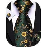 Barry.Wang Men Tie Set Floral Paisley Silk Necktie Pocket Square Cufflinks Formal Wedding Party Business