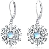 Sterling Silver Moonstone Snowflake Drop Earrings - Stud Earrings - Hypoallergenic Snowflake Jewelry - Birthday & Christmas Gifts for Women & Girls