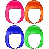 4 Pieces Short Bob Hair Wigs Costume Colorful Cosplay Wig Daily Party Hairpiece for Women Girls Decoration (Pink, Orange, Gre