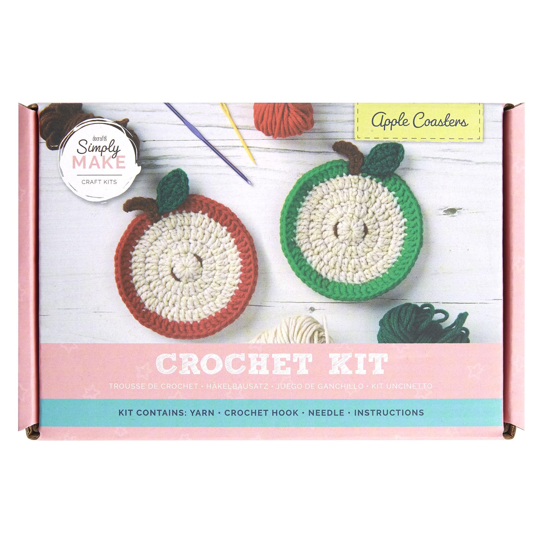 Docrafts Simply Make Crochet DIY Apple Fruit Coaster Hobby Craft Making Kit, Turn Your Hand To Crocheting Ideal For The Adult And Older Child, Makes A Great Gift For Beginner And Experienced Crafter