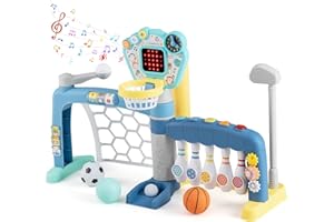 HONEY JOY Toddler Basketball Hoop, Basketball Goal Activity Center w/Soccer Bowling Baseball Golf, Adjustable Height, Lights,