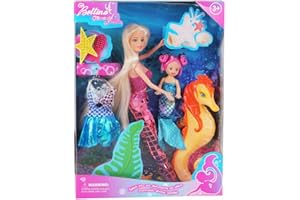 BETTINA 12'' Mermaid Princess Doll with 3'' Mermaid & Seahorse Play Gift Set | Mermaid Toys with Accessories and Doll Clothes for Little Girls (Pink)