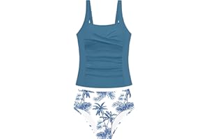 Doumlop Girls Swimsuit 2 Piece Twist Cross Girls Tankini Swimsuit Color Block Ruched Bathing Suit Printed Swimwear for 9-16Y