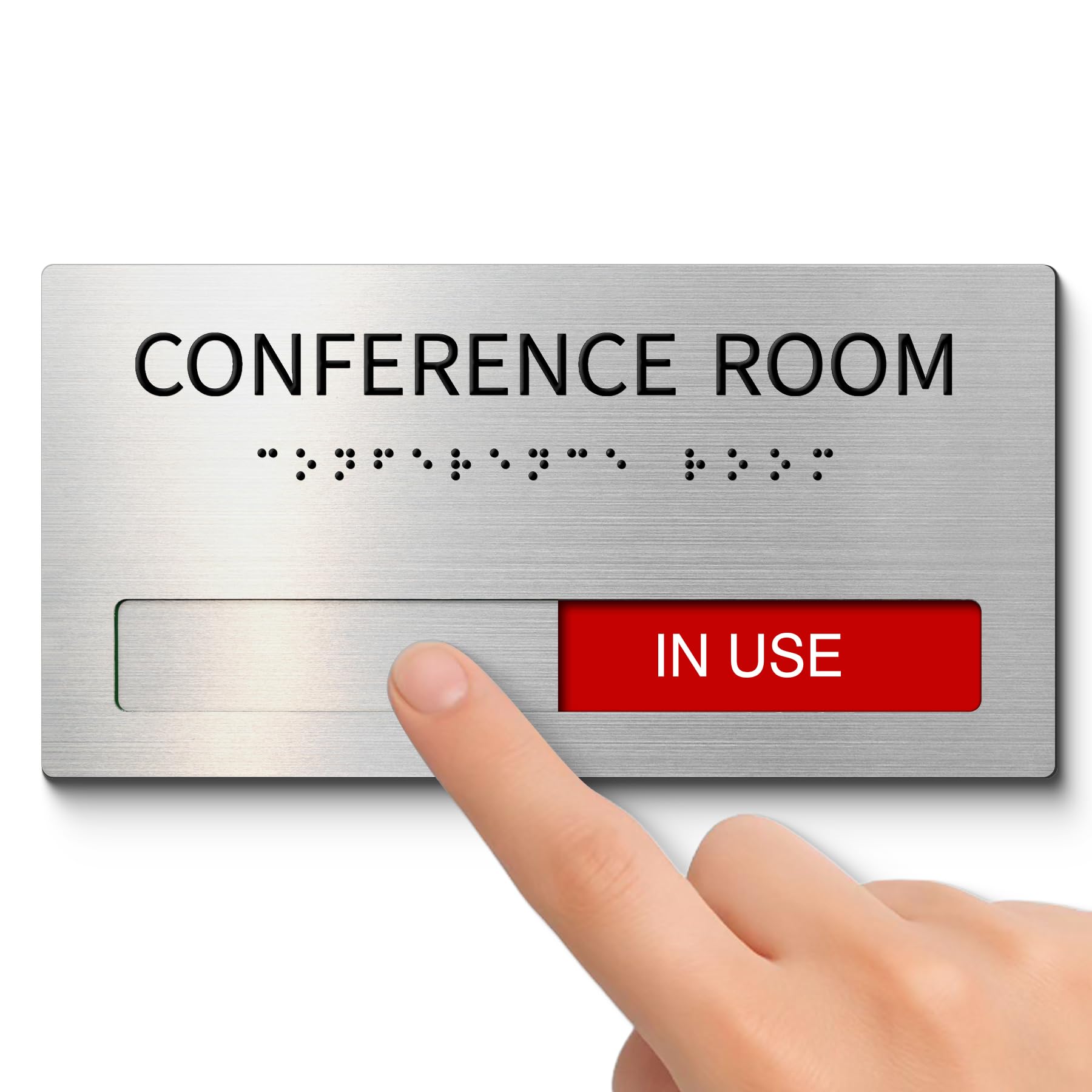 Photo 1 of Conference Room Office Door Signs Do Not Disturb, In Use/Available Slider Sign with Raised Text & Grade 2 Braille, Conference Vacant Occupied Sign Brushed Aluminum/Silver
