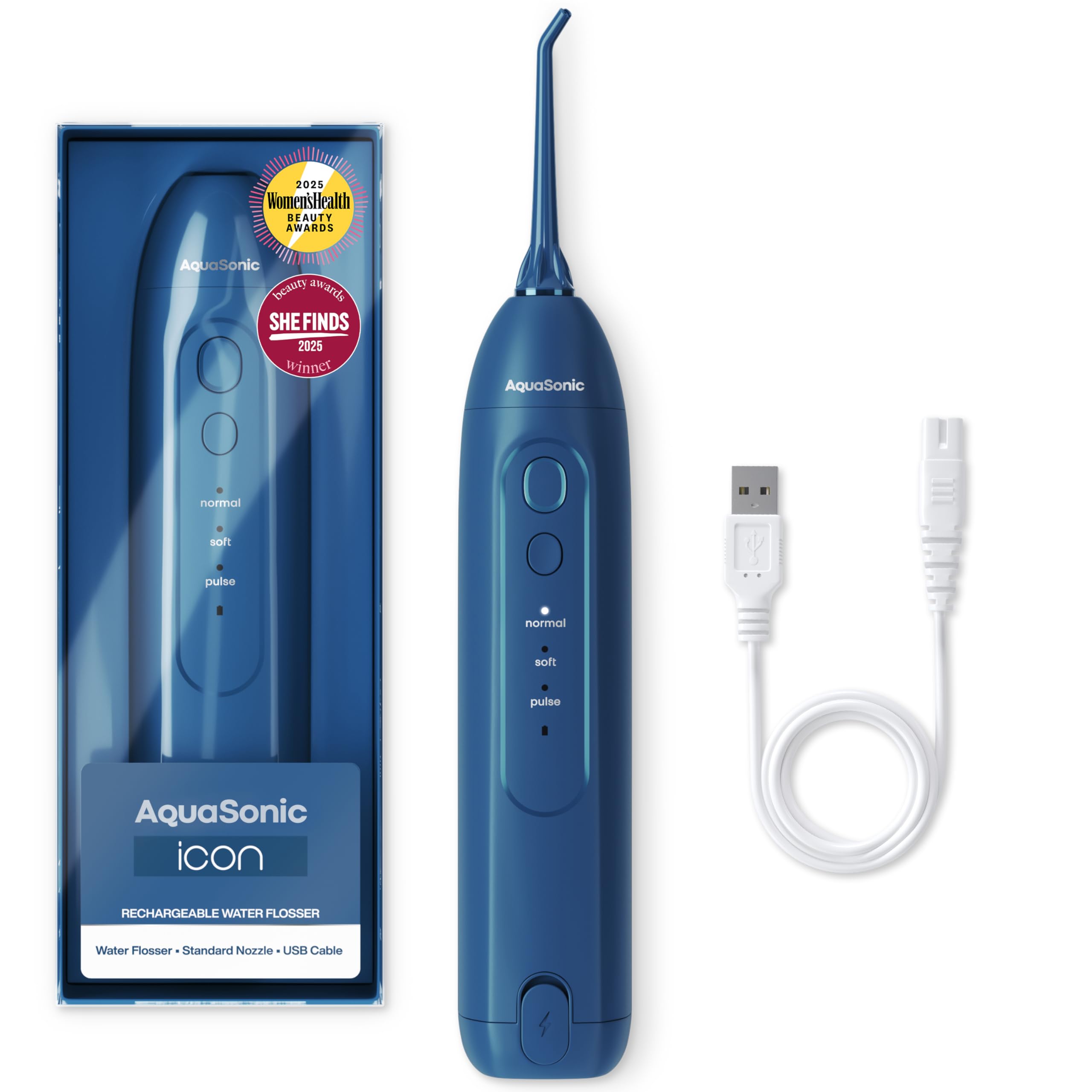 Photo 1 of AquaSonic Icon Water Flosser for Teeth – Cordless Rechargeable Oral Irrigator – Waterproof, Portable Dental Cleaning with Jet Tip – Braces Home Travel - Navy